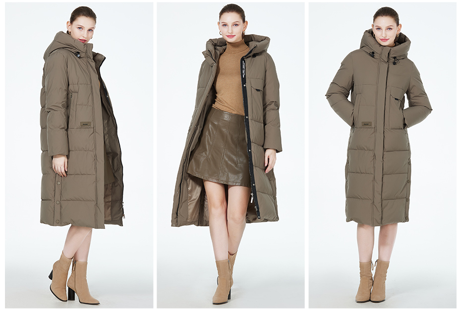 Gray-Green/Black/Light Brown Woman Winter Coat Long Down Jacket for Practicality and Warmth