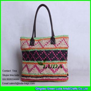 China LUDA spainish straw handbag fashion crocheted pattern paper straw bag leather handles wholesale