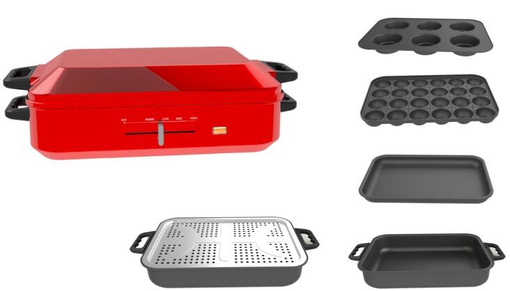 Red Multi Function Cooker Contact Grill Takoyaki Maker Multi Pans With Smokeless Grill Plate