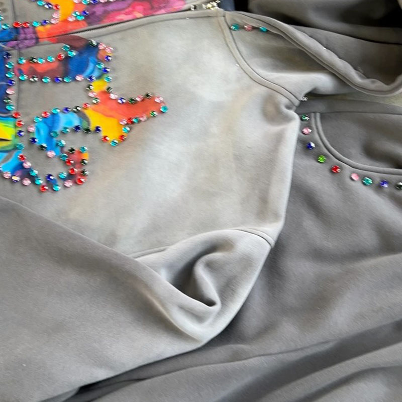 Custom Diamond Hoodie Set Rhinestone Acid Washed Vintage Embroidered Hoodies Sweat Pant Heavyweight Hoodie And Sweatpants Set