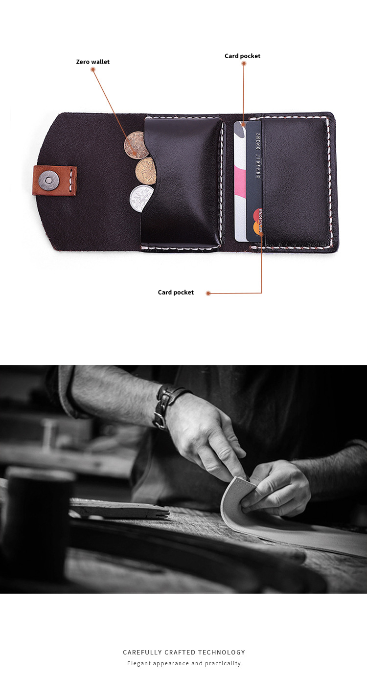 Vegetable Tanned Leather Short ID Card Holder for Cowhide Change Coin and Open Closure