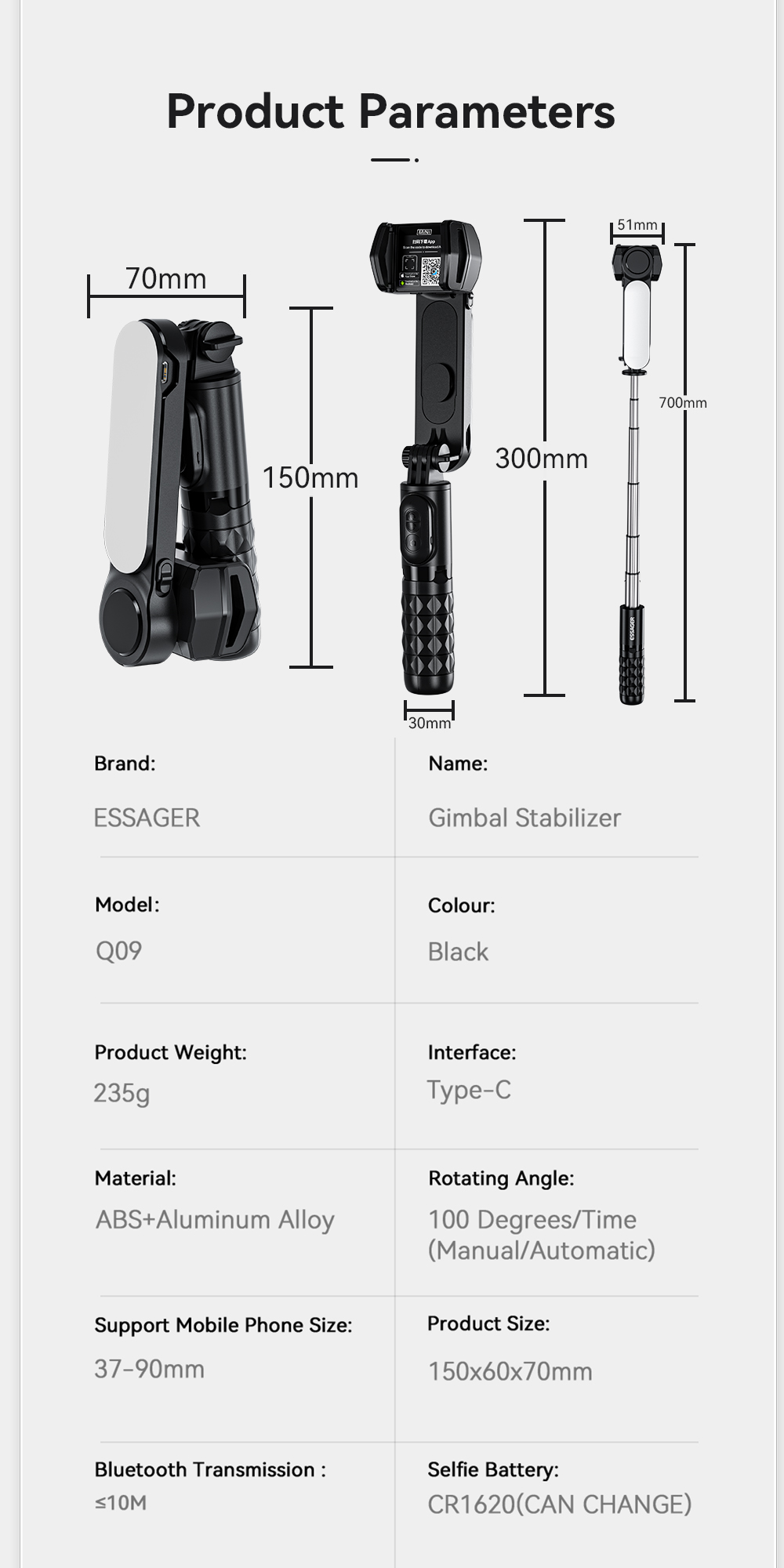 Essager 2022 Yunxiang Single-axis Gimbal Stabilizer Phone Holder With LED Fill Light Handheld Mobile Phone Stand