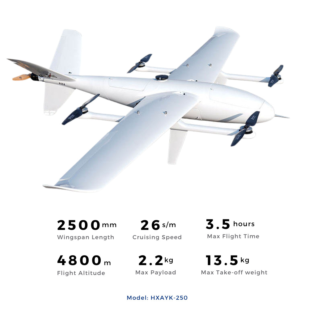3.5Hours Industrial Inspection Drone Carbon Fiber VTOL Mapping Drone 13.5KG Take Off Weight HXAYK-250