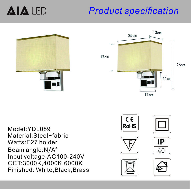 bedside wall lamp with socket USB led bedroom wall lamp E27 holder five star hotel bedhead wall light for villa