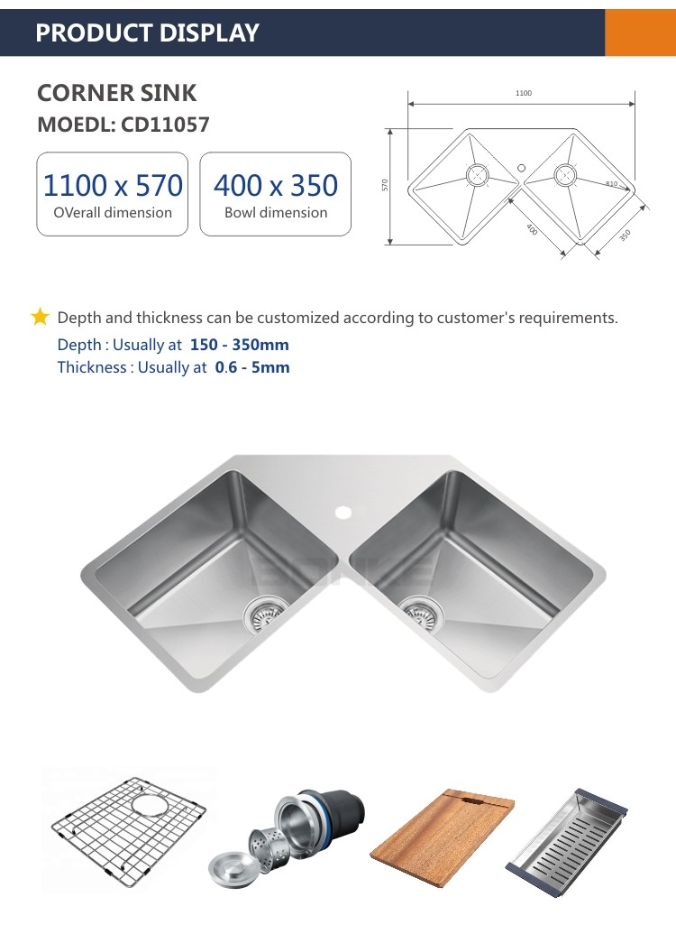 16 Gauge Apron Corner Stainless Steel Kitchen Sink 110x57