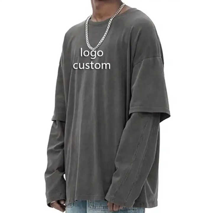 Custom Long Sleeve T Shirts Vintage Washed Ripped 250Gsm T-Shirt Double Layer 100 Cotton