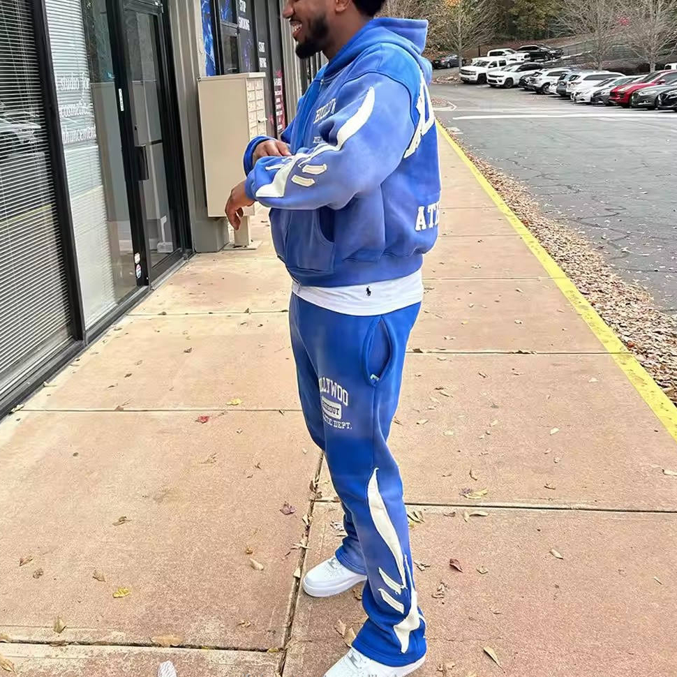 Custom Streetwear Vintage Cropped Zip Hoodie and Sweatpants Set with Towel Embroidery