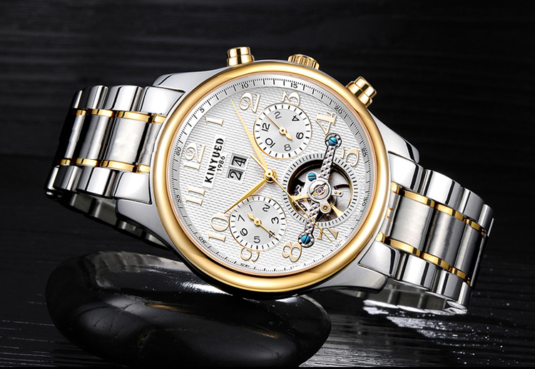 KINYUED stainless steel automatic mechanical watch for men skeleton water resistant watch