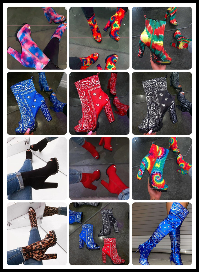 Colorful Tie Dye Open Toe Ladies High Heeled Boots With Side Zipper
