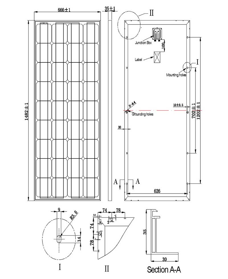 160W-165W-170W-18V small solar panel assembly size chart