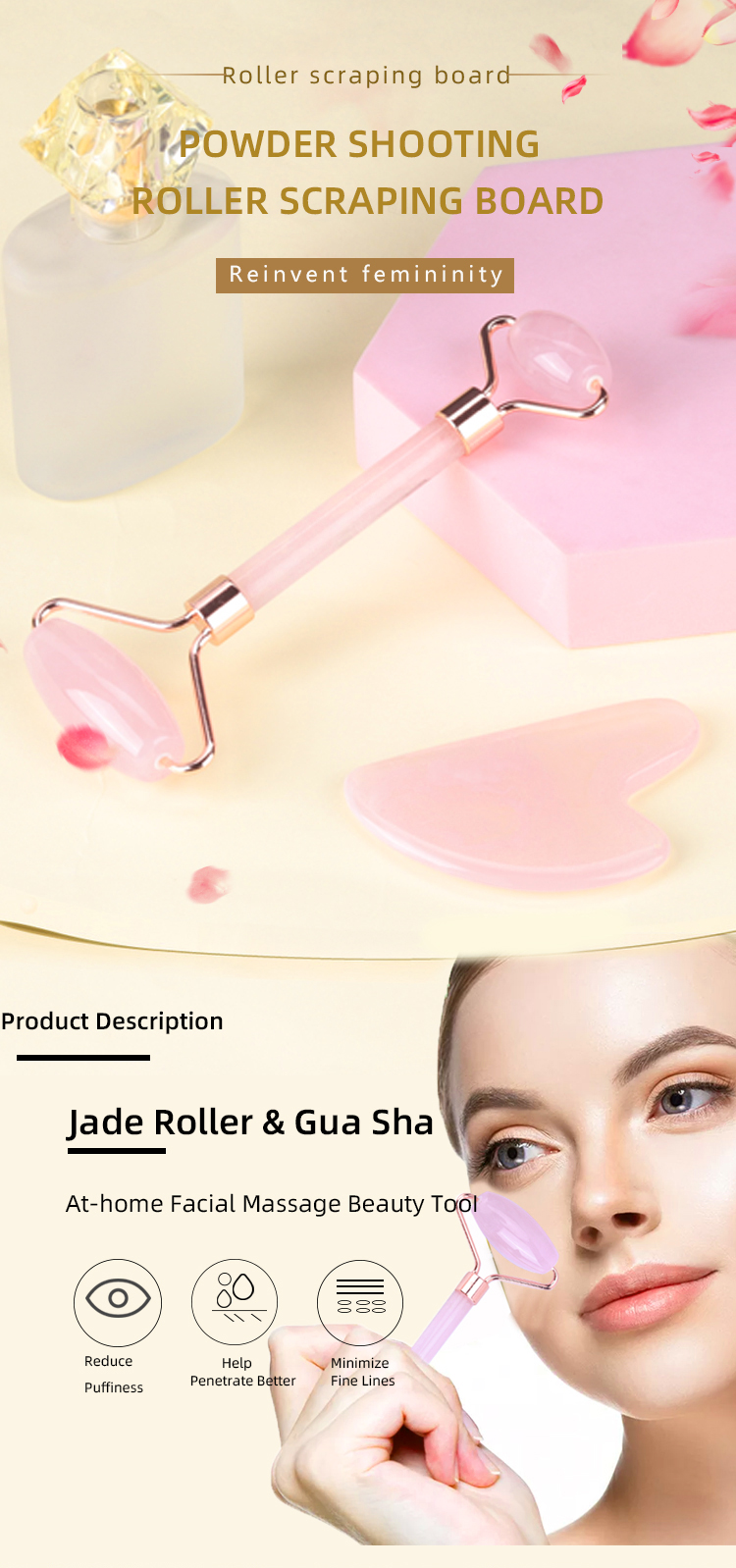Rose Quartz Crystal Face Jade Roller Anti Aging Logo Customized