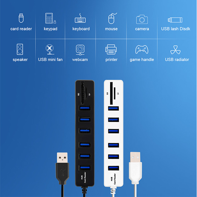 High Speed All In One USB Hub Combo Card Reader 6 Ports ABS Shell