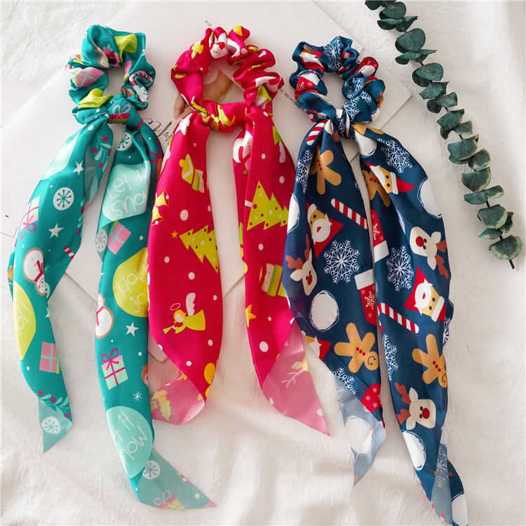 Gold Green Christmas Hair Accessories For Adults Toddlers Headband Cartoon Elk Snowman Scarf Scrunchies 32cm