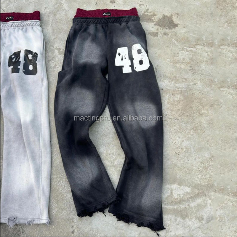 Customized Man Streetwear Distressed Acid Wash Flared Sweat Pants Men Baggy Double Waisted Sweatpants