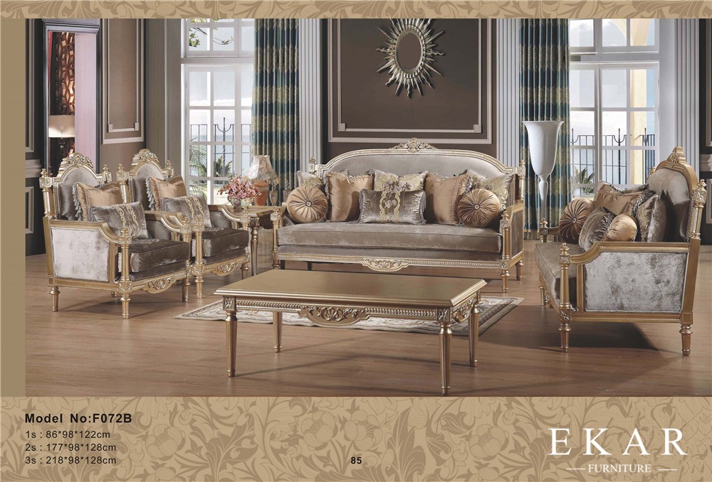 Antique Gray Velvet Fabric With Wood Carving Living Room Sofa Set Furniture