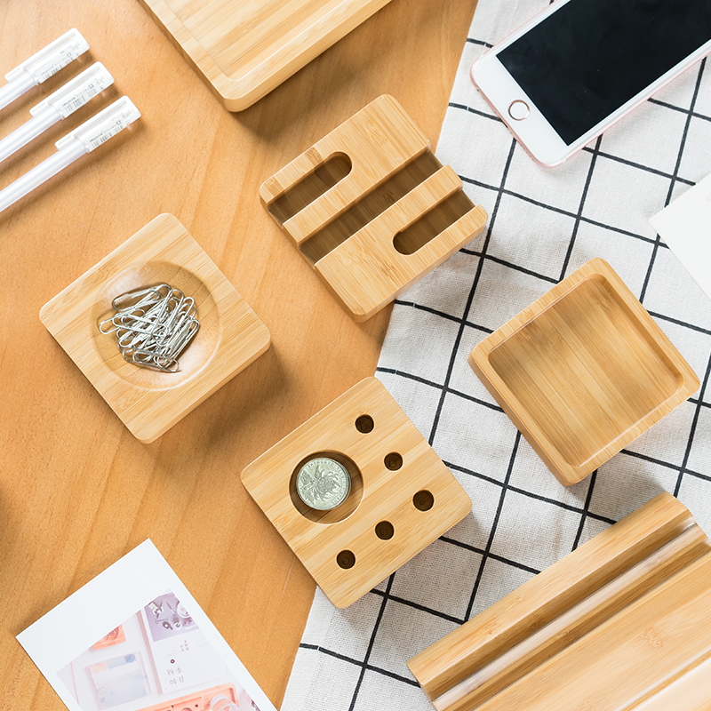 Sustainable Bamboo Desk Organizer Set With Smartphone Stand Pens And Paper Clips Holder