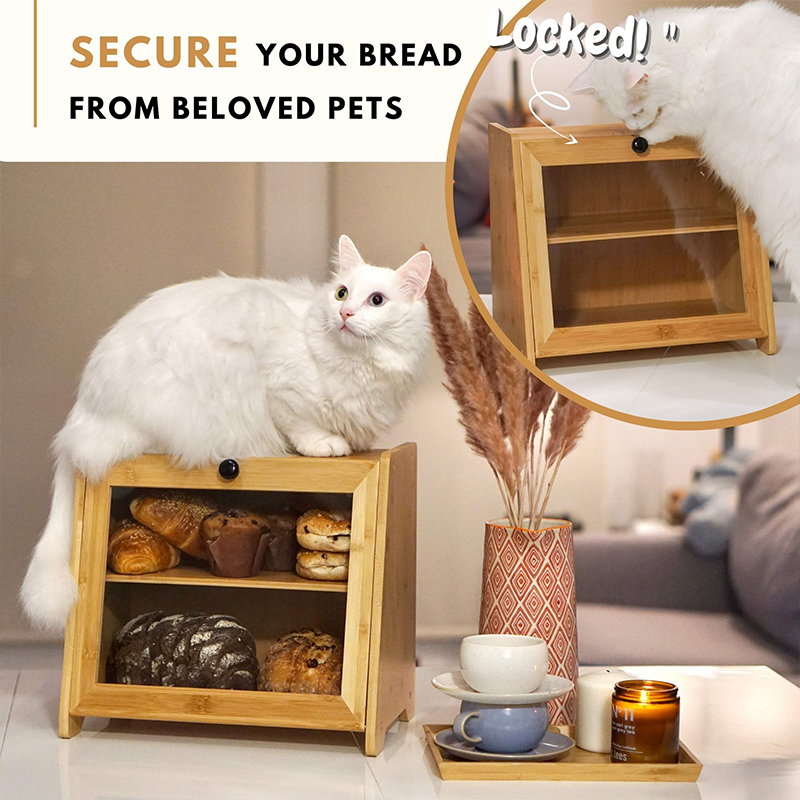GLOSSY 2 Tier Large Transparent Window Food Storage Bamboo Bread Box Capacity 6-10L