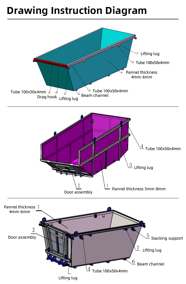 4 Yards Construction Waste Transport Skip Bin Heavy Metal Garbage Container