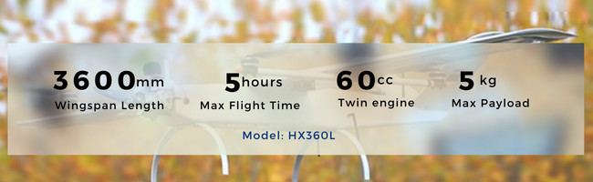 5Hours High Endurance Fixed Wing VTOL Survey Drone UAV Aerial 3600mm Wingspan Payload 5KG HX360L