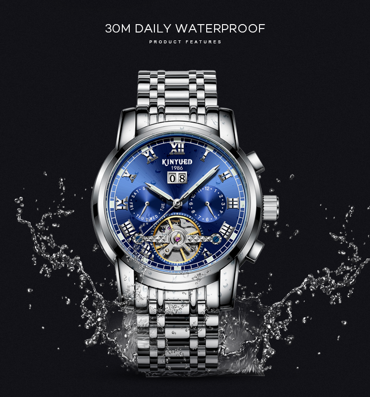 KINYUED tourbillon mechanical watch men oem waterproof stainless steel back automatic wristwatch