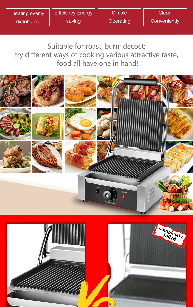 Commercial Electric Panini Maker Grill with Non-Stick Cooking Surface and Sandwich Plates