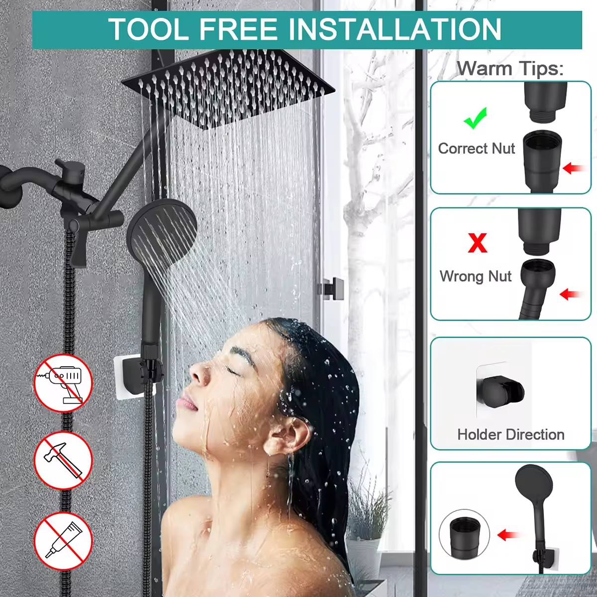 10 12 Inch High Pressure Rain Shower Head Combo with Adjustable Extension Arm and Handheld