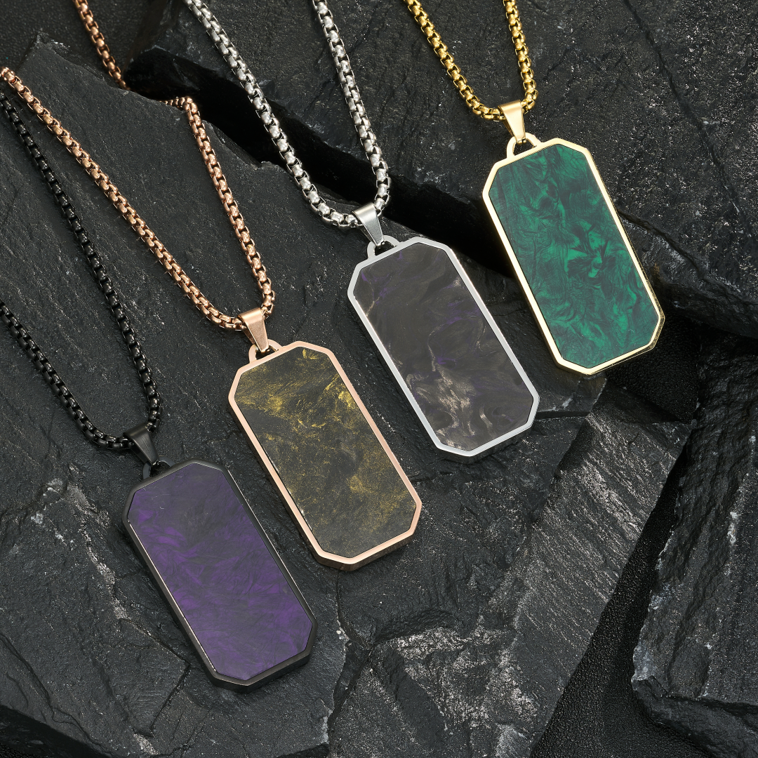 Rectangle Forged Carbon Fiber Pendant SS Plated Men's 14k Gold Cross Necklace