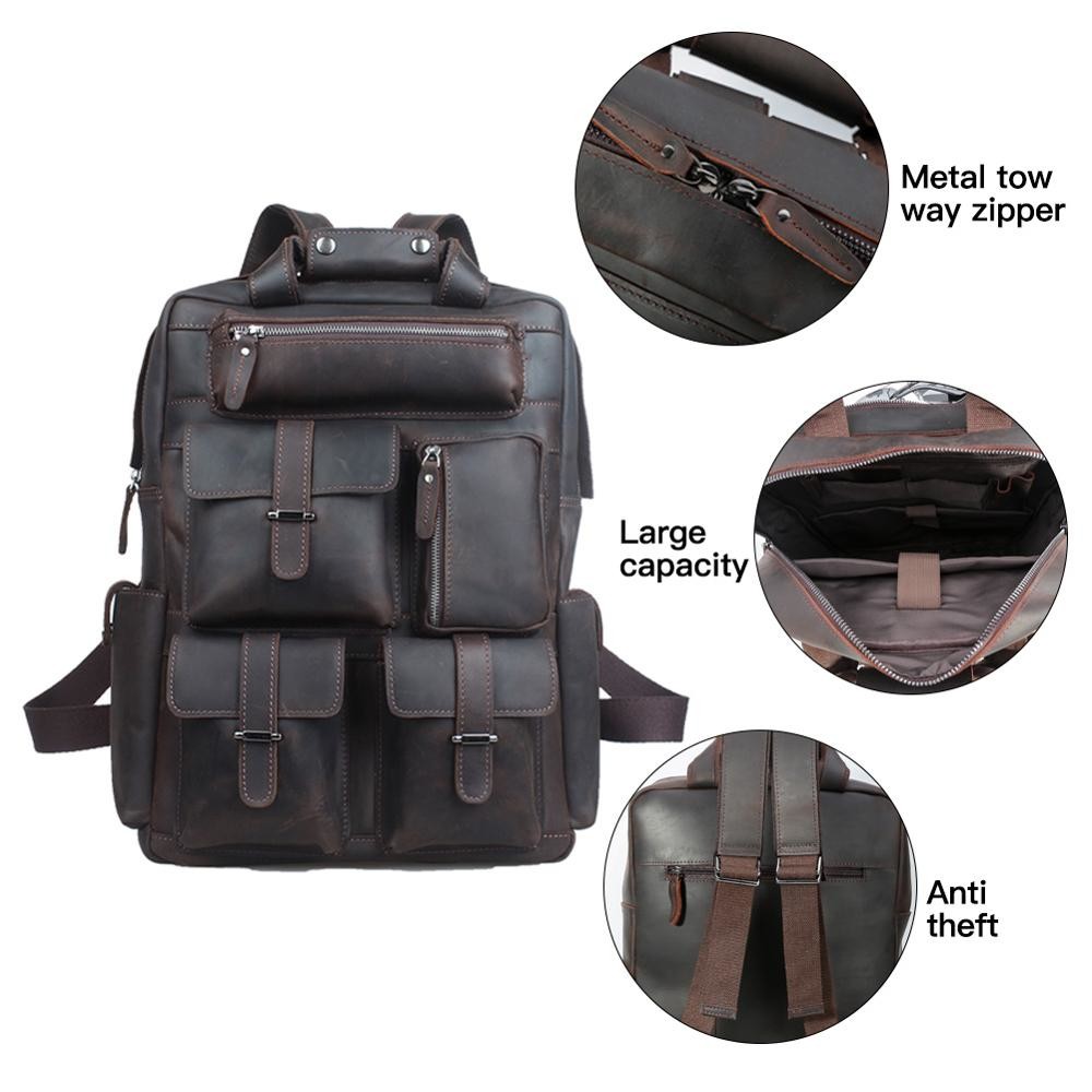Mens Genuine Leather Bag 15.6 Inch Laptop Backpack Large Capacity Traveling Backpack Bag