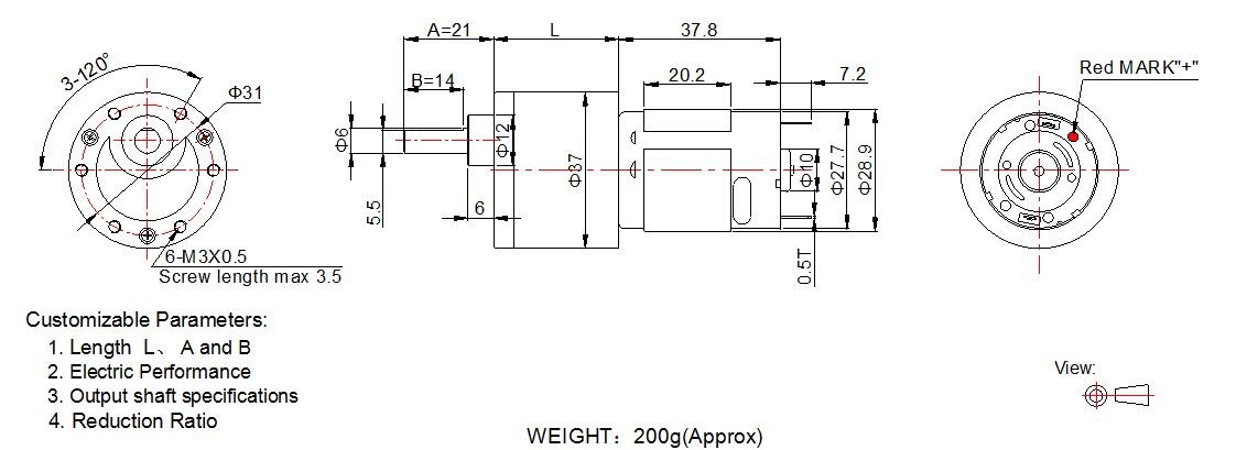 Customized DC Gear Motor 12v 37mm Offset Shaft Gearbox OEM / ODM Available