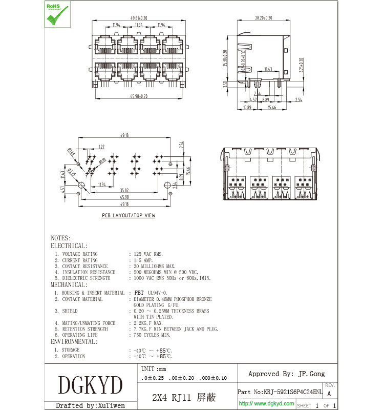 Right Angle PCB Mount Cat 3 2x2 Dual Deck 6p4c RJ11 Jack 4 Ports