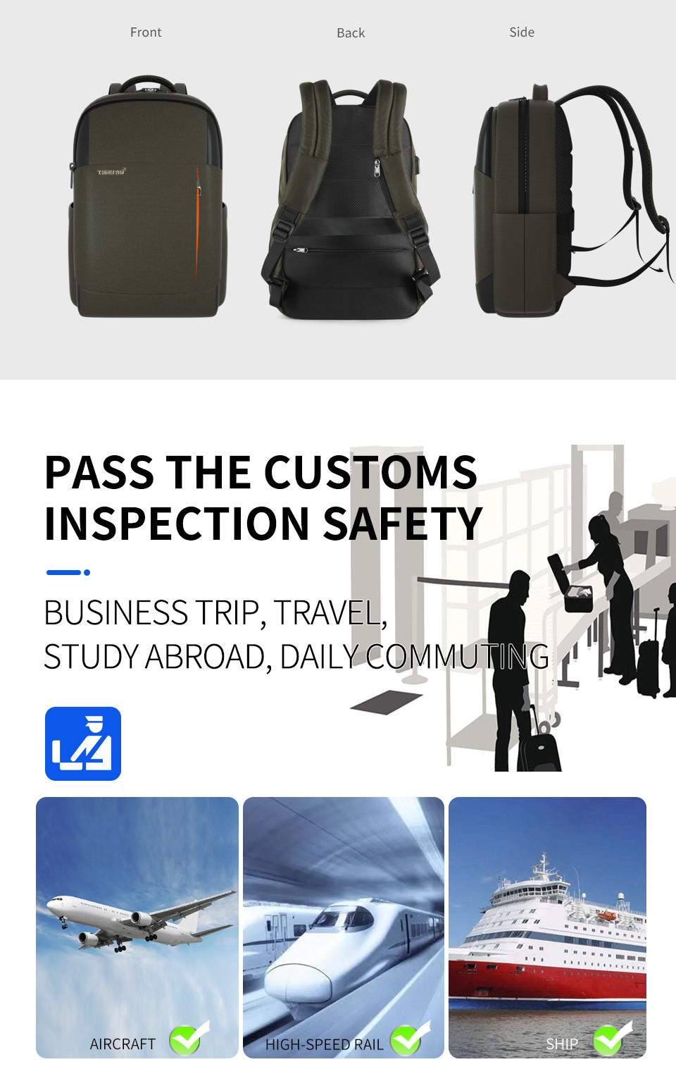 T-B3906 RFID Black Softback Waterproof Laptop Travel Backpack