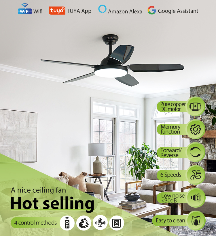 52inch Black ABS Blades 6 Speeds Remote Control LED Ceiling Fan Light with Copper Motor