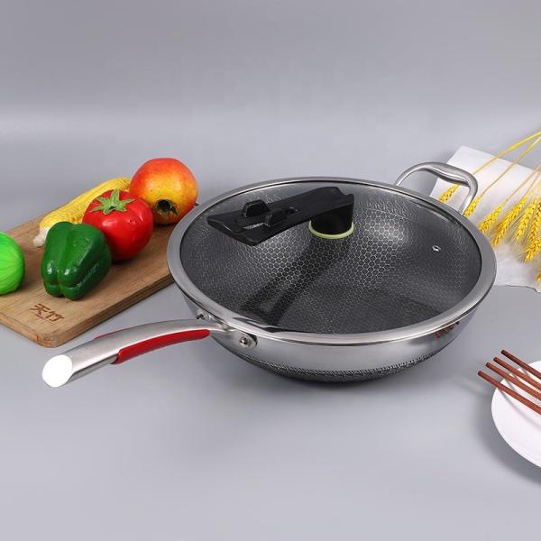 Hot Selling Kitchen 32cm Induction Wok Pan SUS 304 Stainless Steel Honeycomb Non