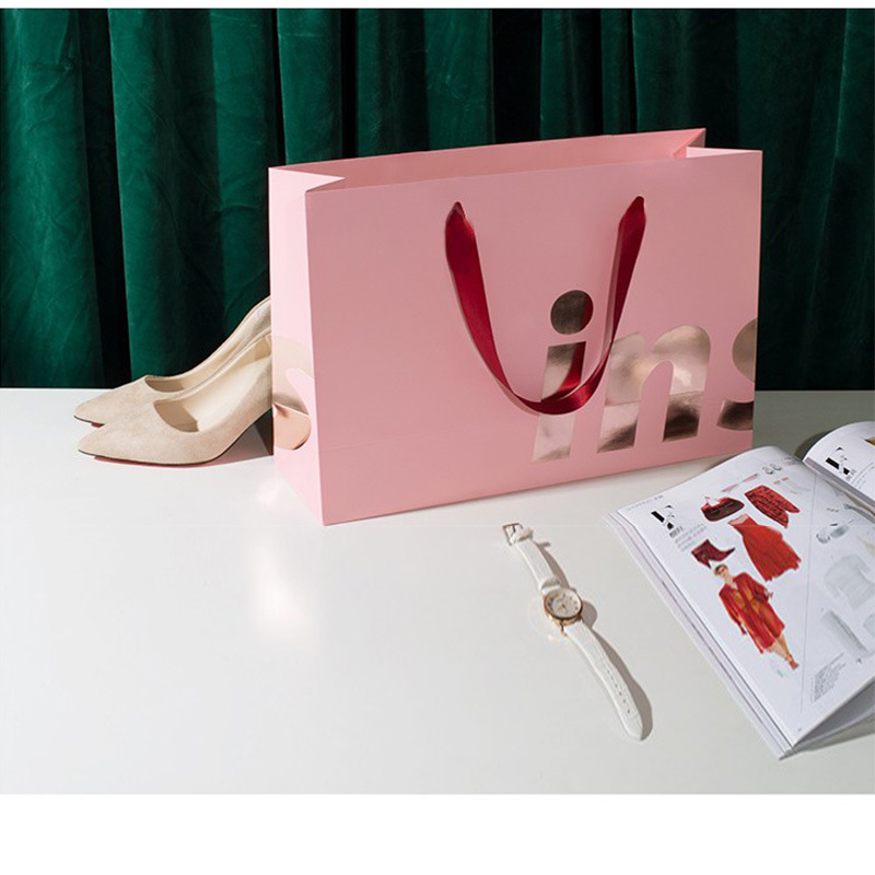 Hand Length Handle Ins Style Pink Paper Bags for Boutique Gift Craft Shopping Custom Order