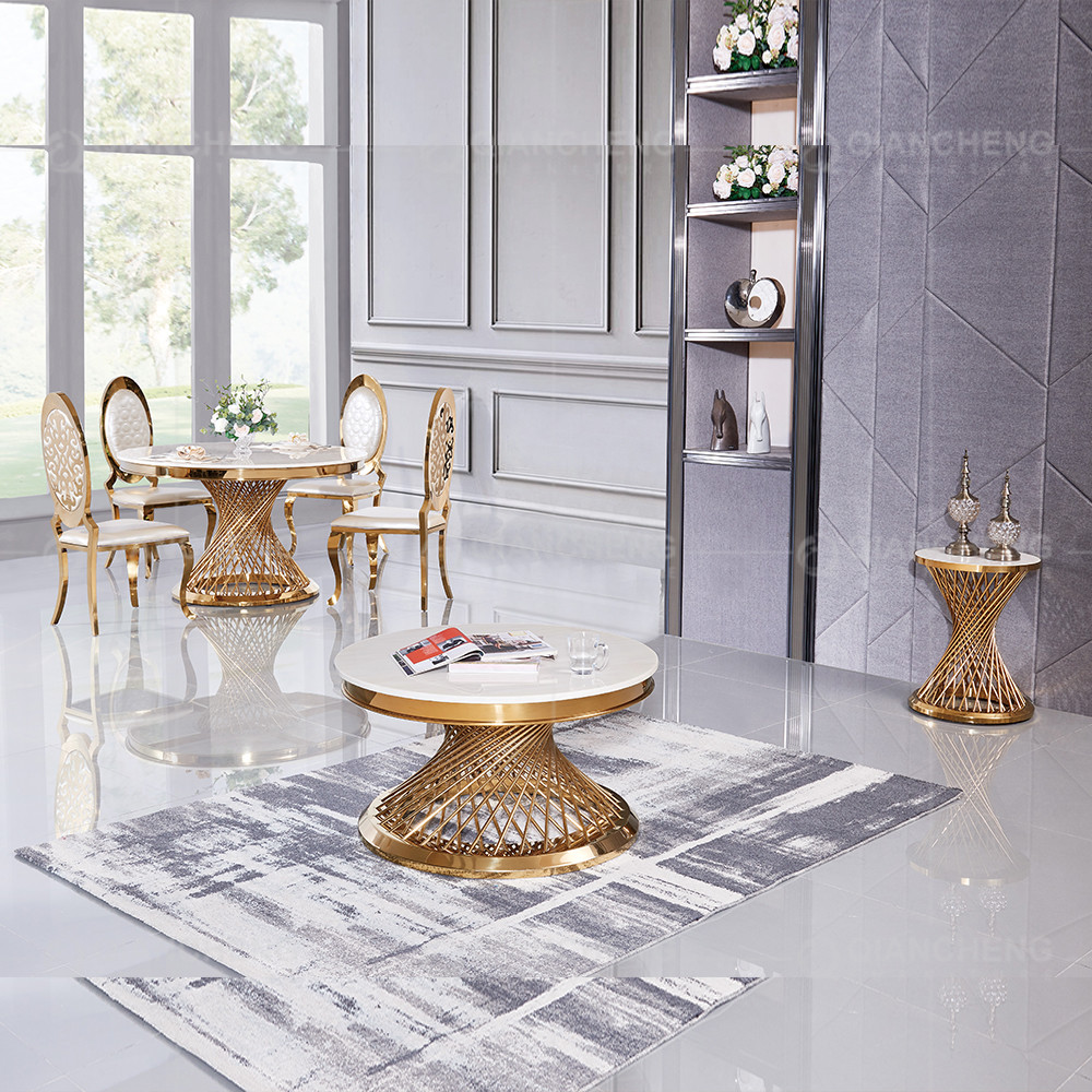 Living Room Round SS Steel Furniture Dining Table With Marble Top