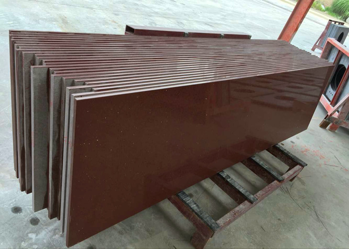 Red Sparkle Quartz Kitchen Countertops 26'' Wide Eased Edge Without Sink Hole