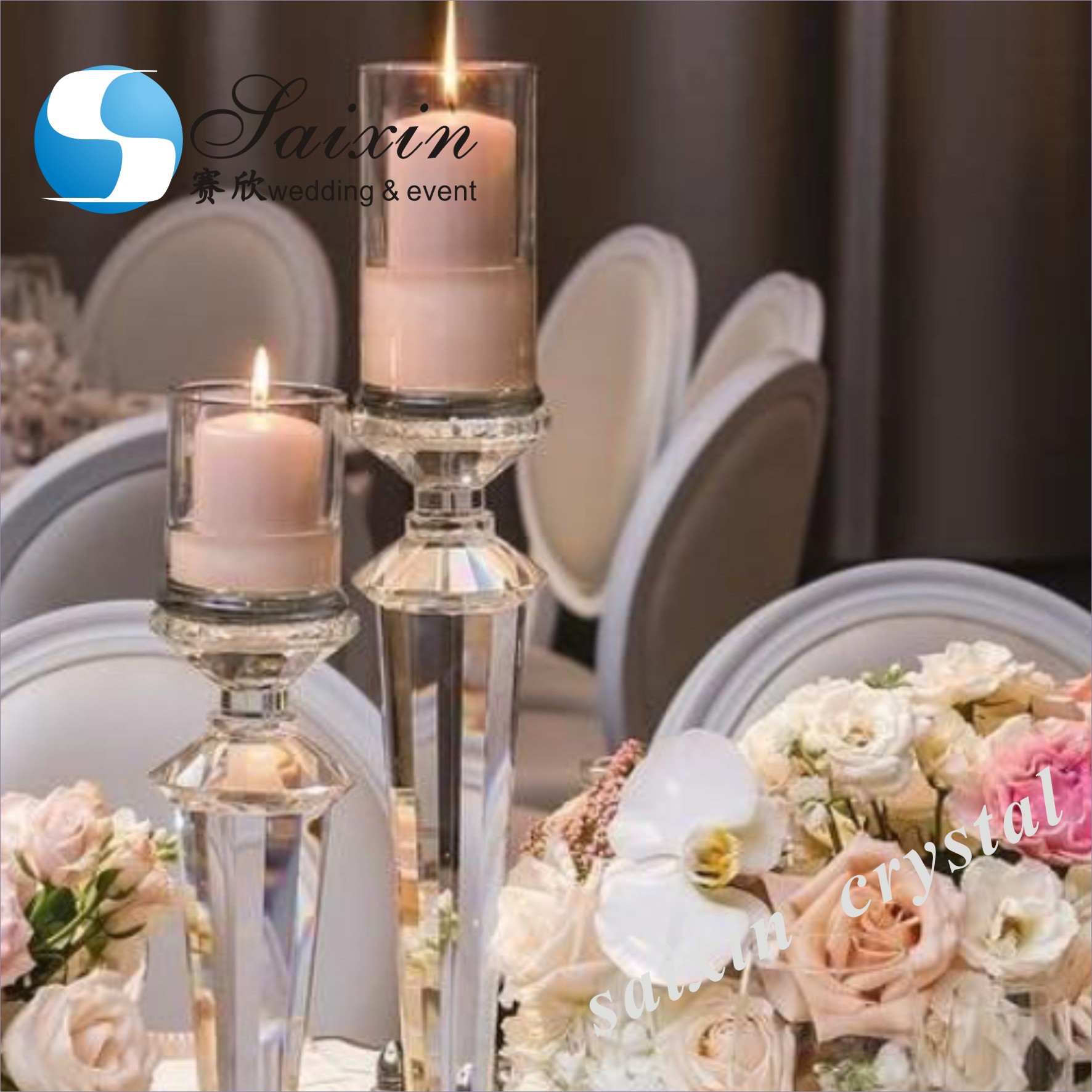 ZT-062 Chic 4 pcs different size white stem crystal pillar candle holder for decor wedding centerpieces
