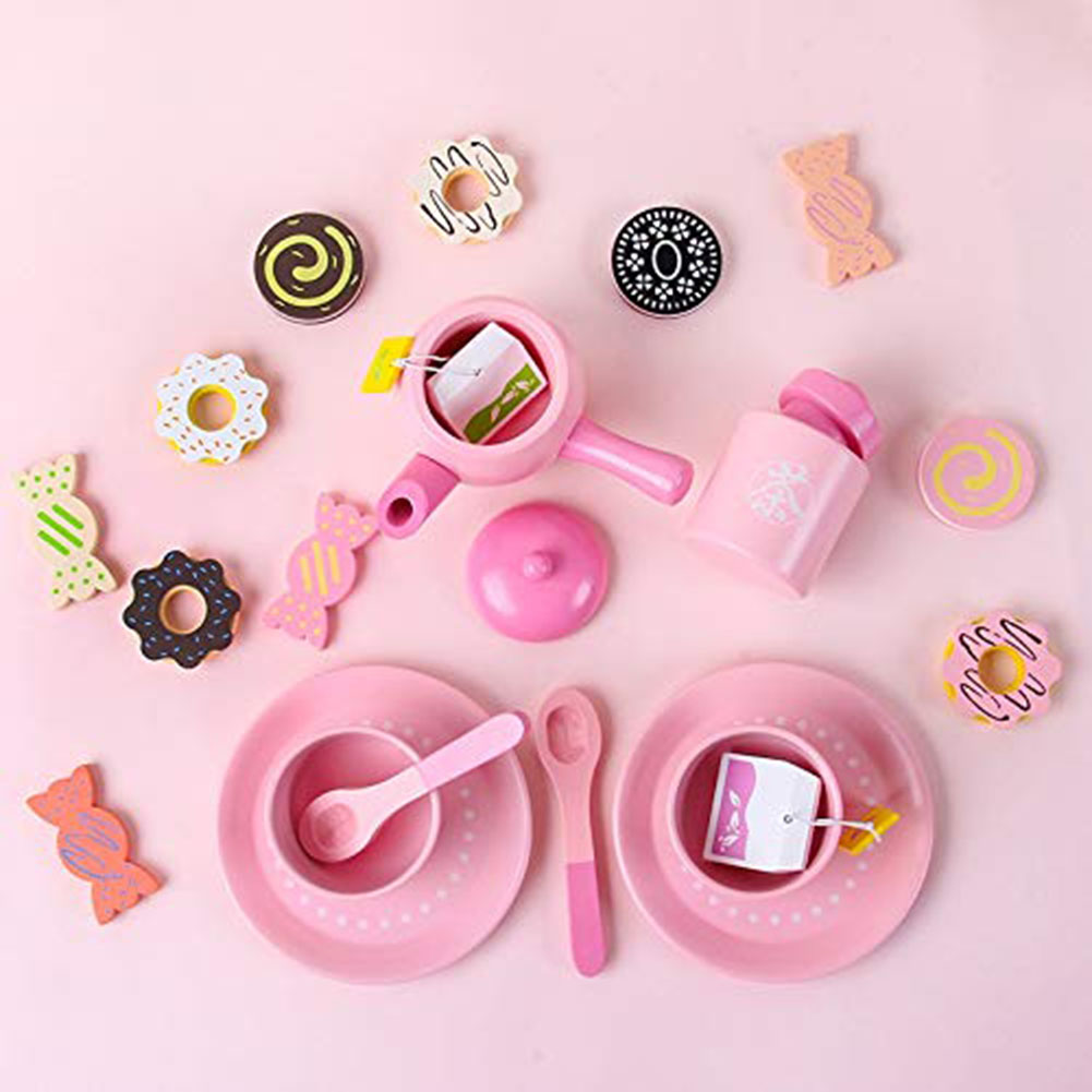 ABS Wooden Tea Party Set with Cupcake Stand Play Food Kitchen Accessories for Toddlers