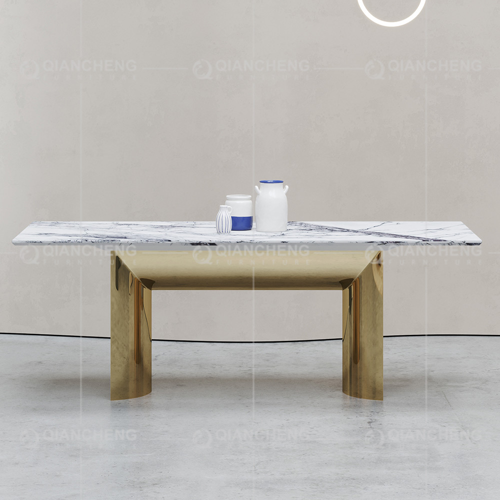 Durable 180kg Rectangle Marble Dining 220cm Table Gold Stainless Steel Leg