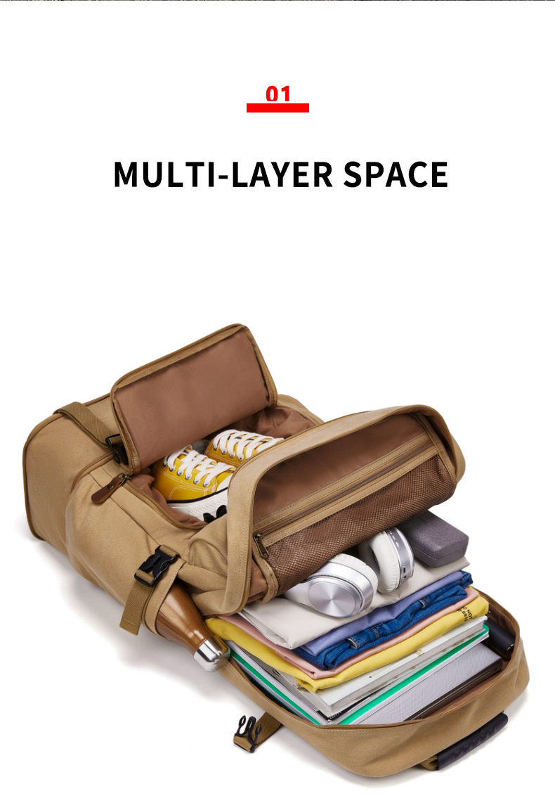 56-77Litre Vintage Canvas Laptop Backpack Khaki Color Waterproofing
