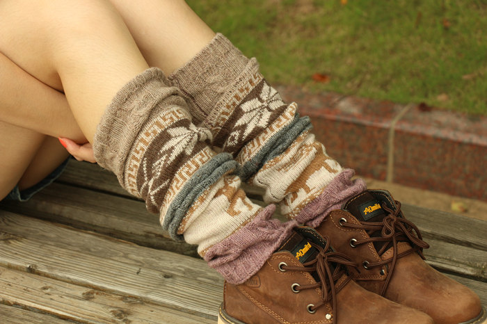 women deer snowflake jacquard knit boot socks wood feel casual wool acrylic, socks, warmer