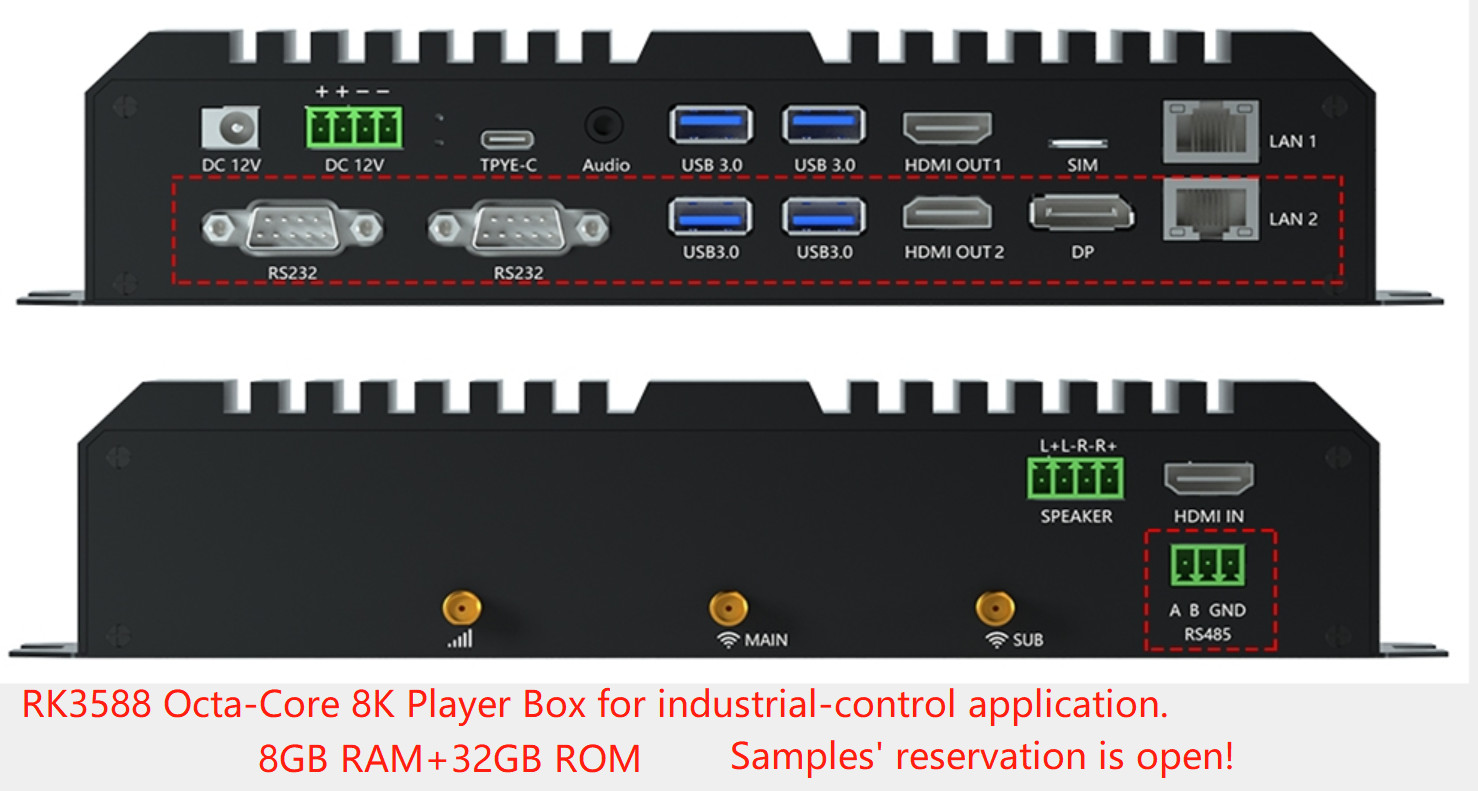 HD Industrial Control Media Player Box RK3588 Octa Core 8K Output 4K Hardware Decoding