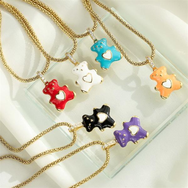 Colorful 24k Gold Jewelry Enamel Bear Zircon Pendant Necklace