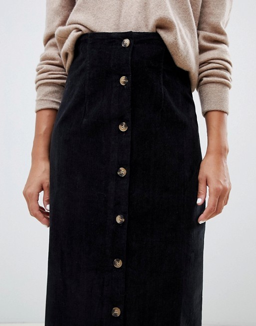 OEM hot selling button through midi skirt in washed black