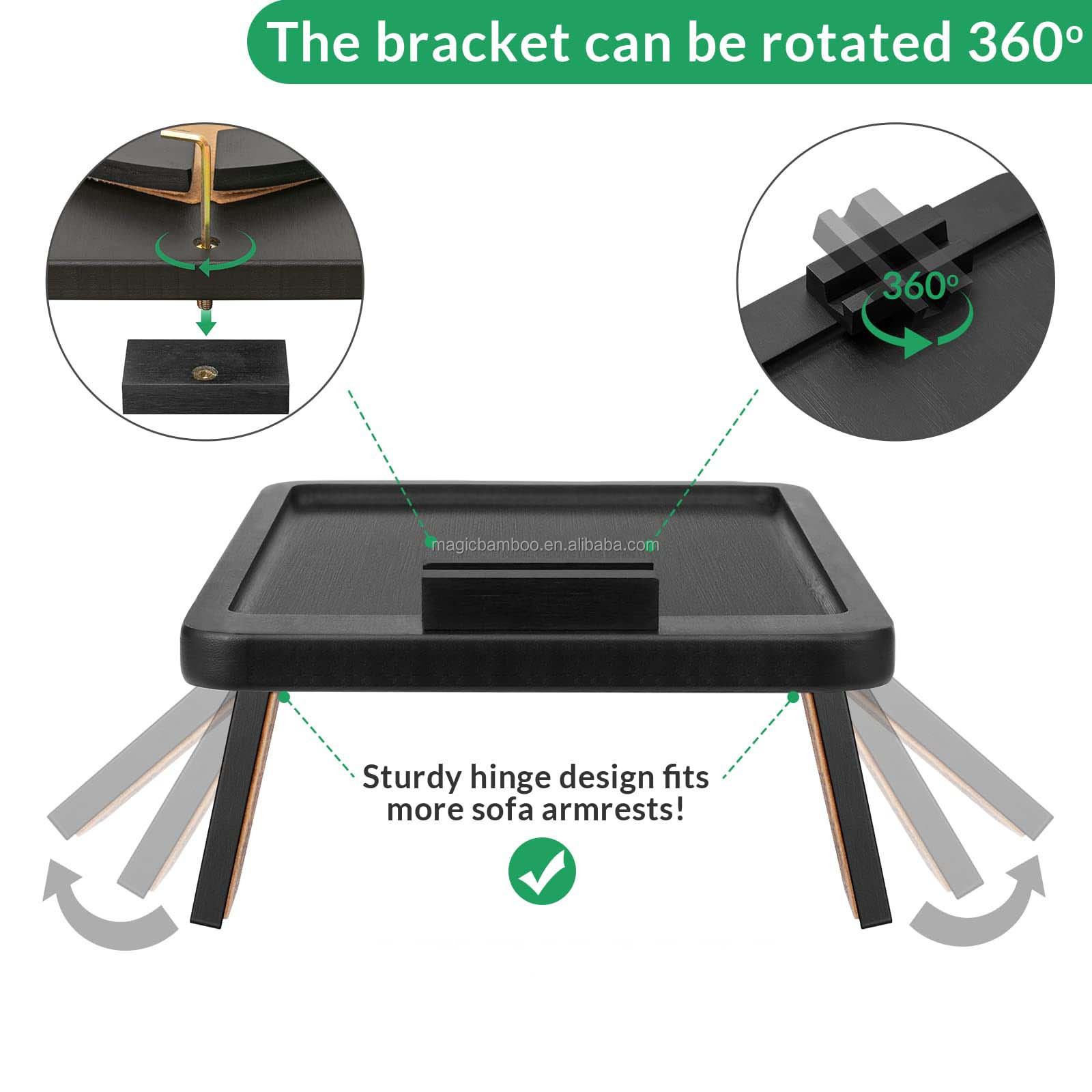 Rotating Holder Foldable Couch Tray for Wide Arm Sofas Rectangle 38.87 X 24.9 X 4.32CM