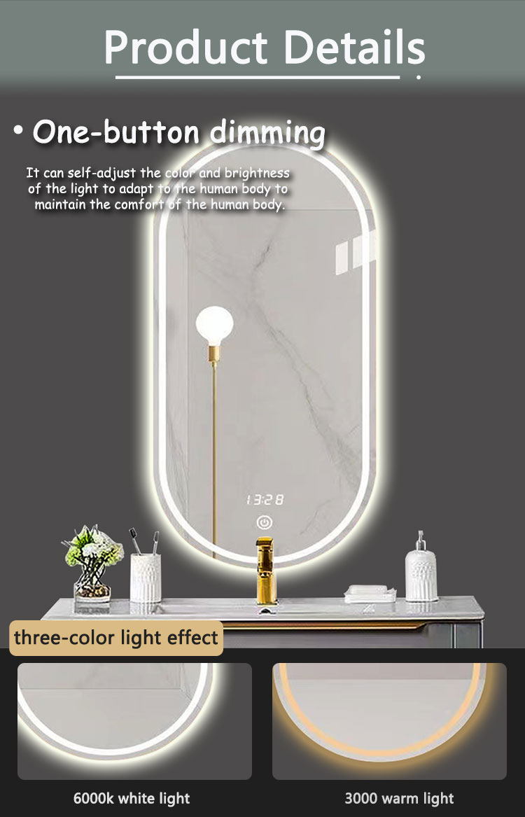 Hotel Home Bathroom Decoration LED Lighted Triple Color Lights Waterproof Vanity Mirror