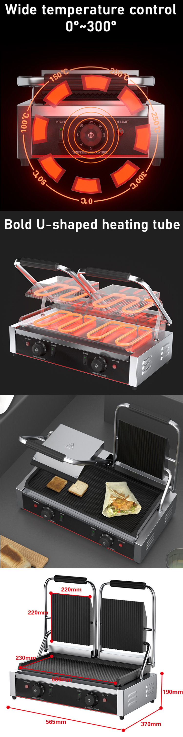 Industrial Double Heads Electric Panini Contact Grill Sandwich Press with Private Mold