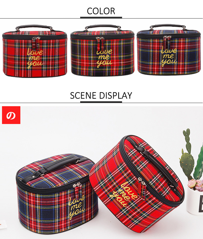 Zipper Closure Grid Cylinder Travel Toiletry Bag