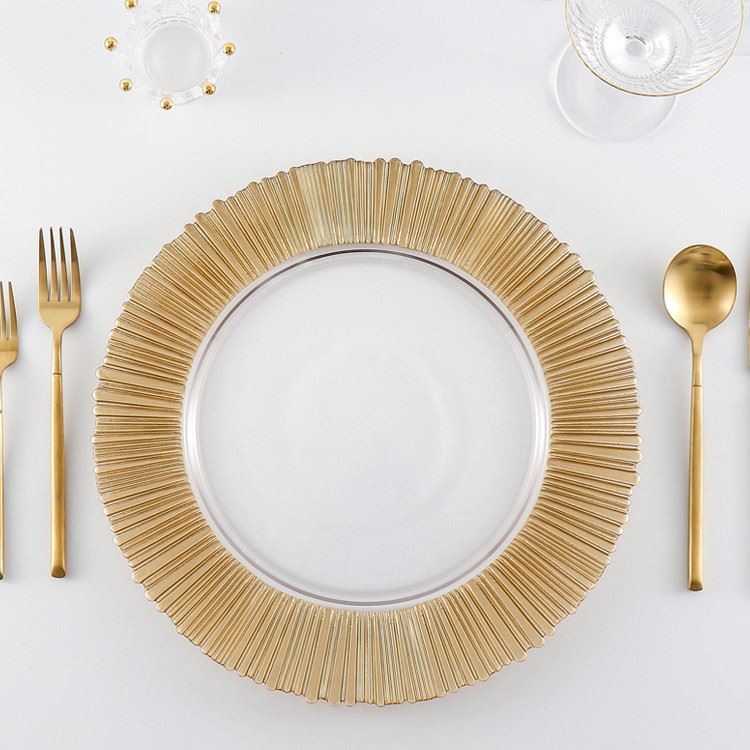 13 Inch Gold Rimmed Electroplated Crystal Glass Plates OEM