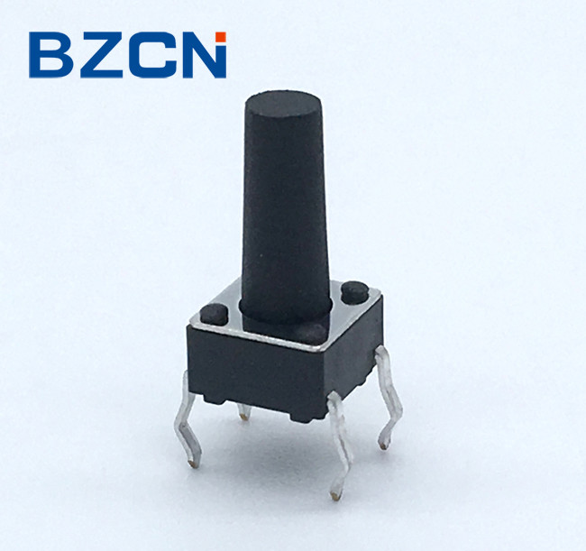 Low Noise 6mm Tactile Switch Through Hole Terminal Vertical Push Black Button